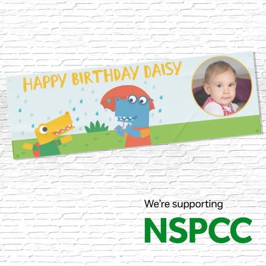 Official NSPCC Pantosaurus character and friend, personalised blue banner, yellow text and photo