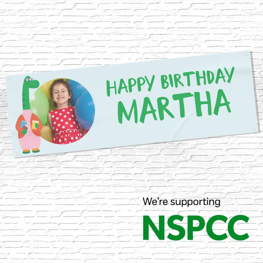 Official NSPCC Pantosaurus character, personalised blue banner, green text and photo