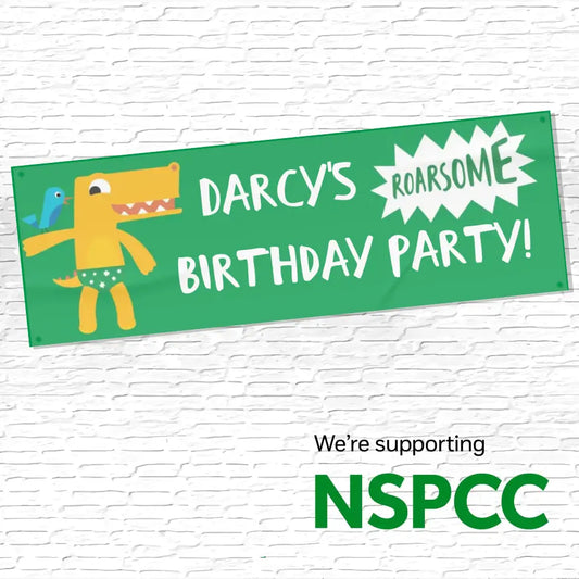 Official NSPCC Pantosaurus character, personalised green banner, white text