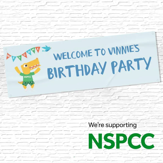 Official NSPCC Pantosaurus character, personalised baby blue banner, blue text