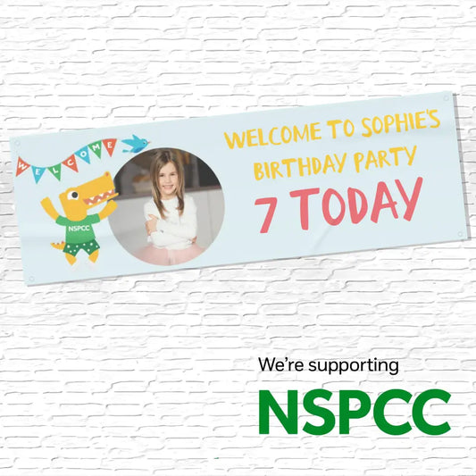 Official NSPCC Pantosaurus character, personalised baby blue banner, yellow and pink text with photo