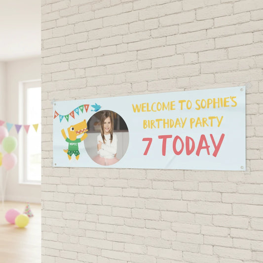 Official NSPCC Pantosaurus character, personalised baby blue banner, yellow and pink text with photo