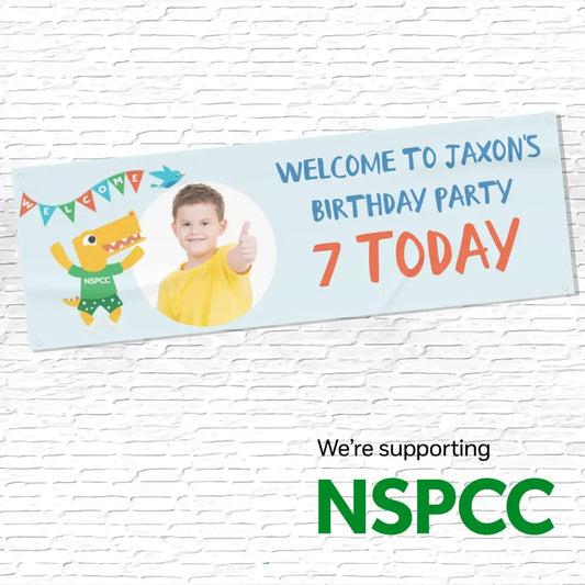 Official NSPCC Pantosaurus character, personalised baby blue banner, blue and red text with photo