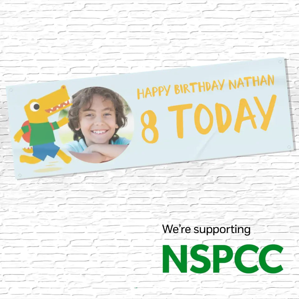 Official NSPCC Pantosaurus character running, personalised baby blue banner, yellow text with photo