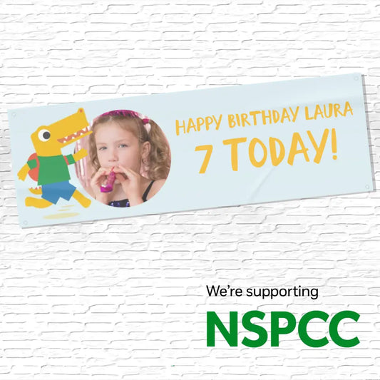 Official NSPCC Pantosaurus character running, personalised blue banner, yellow text with photo