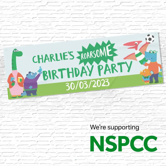 Official NSPCC Pantosaurus character and friends, personalised blue banner, with green text name and date