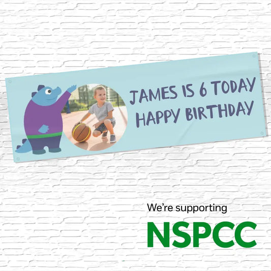 Official NSPCC Pantosaurus character, personalised blue banner, with purple text and photo
