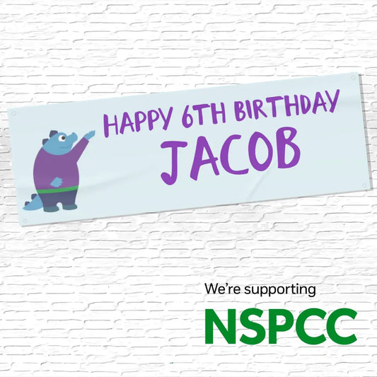 Official NSPCC Pantosaurus character, personalised blue banner, with purple text