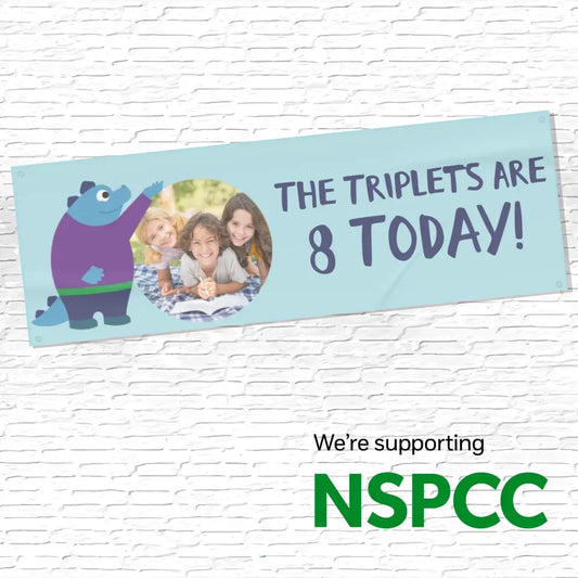 Official NSPCC Pantosaurus character, personalised baby blue banner, with purple text and photo