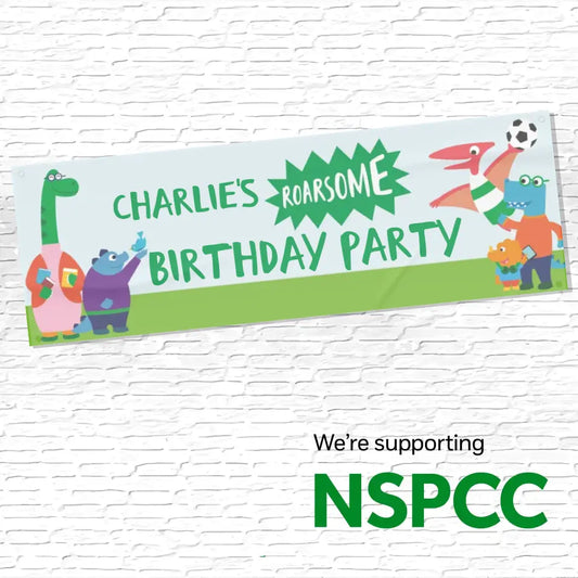 Official NSPCC Pantosaurus character and friends, personalised blue banner, with green text